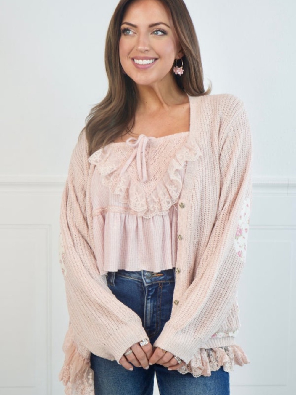 POL  Pink Lace-Trim Cardigan Sweater